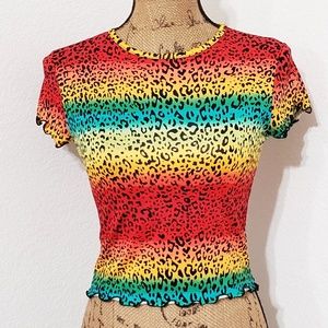 FOREVER 21 Multicolor rainbow animal print top  Med. lettuce edge hem